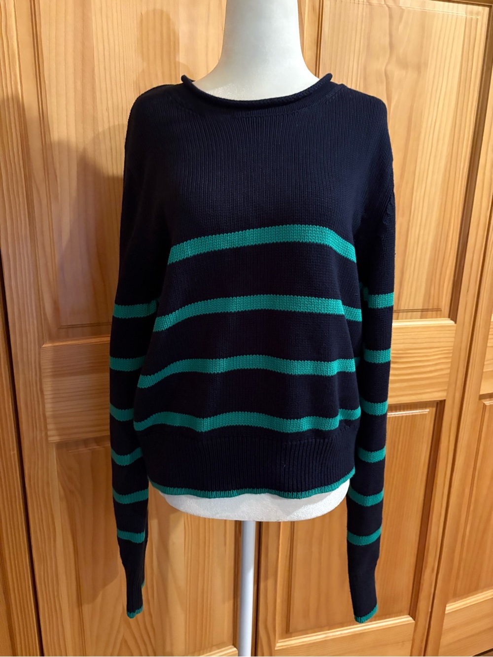 GAP Navy/Vibrant Green Striped Seed Stitch Crewneck Pullover Sweater Wmns LT NWT